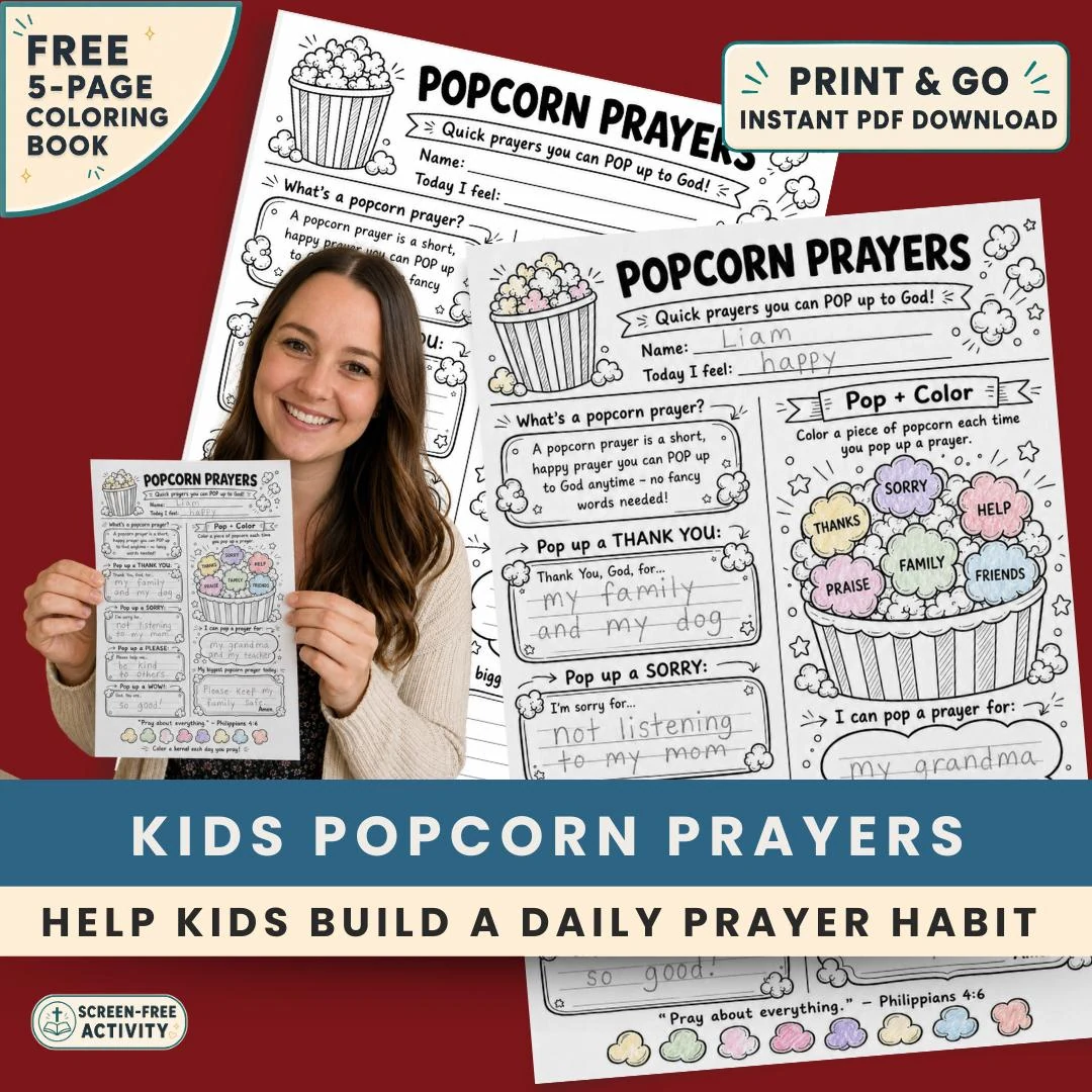 Popcorn Prayers worksheet for kids — a no-prep printable that helps children build a daily prayer habit, with a pop-and-colour tracker