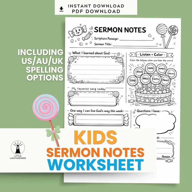 Kids sermon notes worksheet — Candy Shop edition