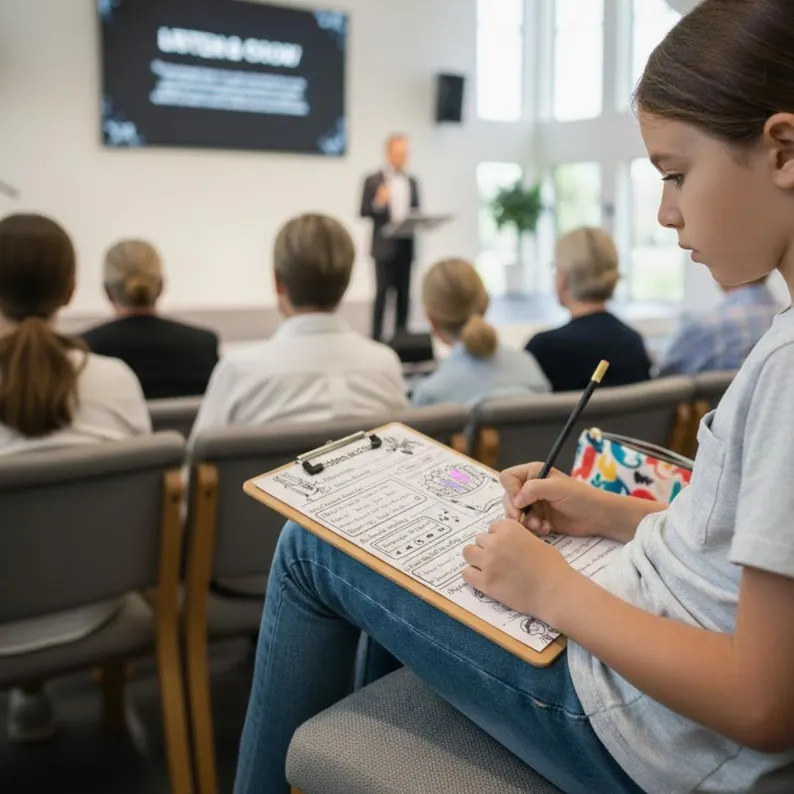 A girl in a church service writing on a kids sermon notes worksheet clipped to a clipboard