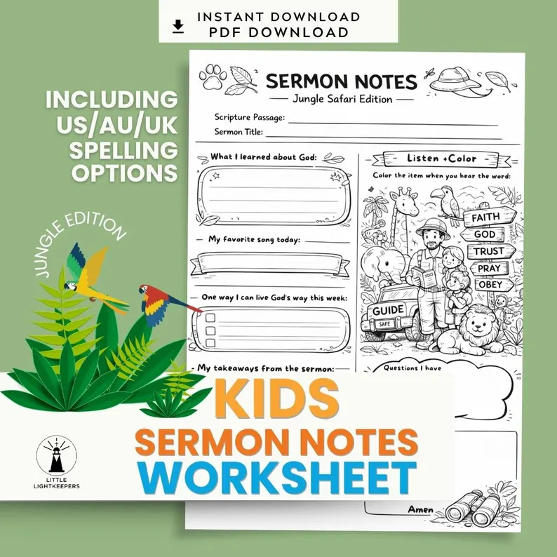 Kids sermon notes worksheet — Jungle Safari edition