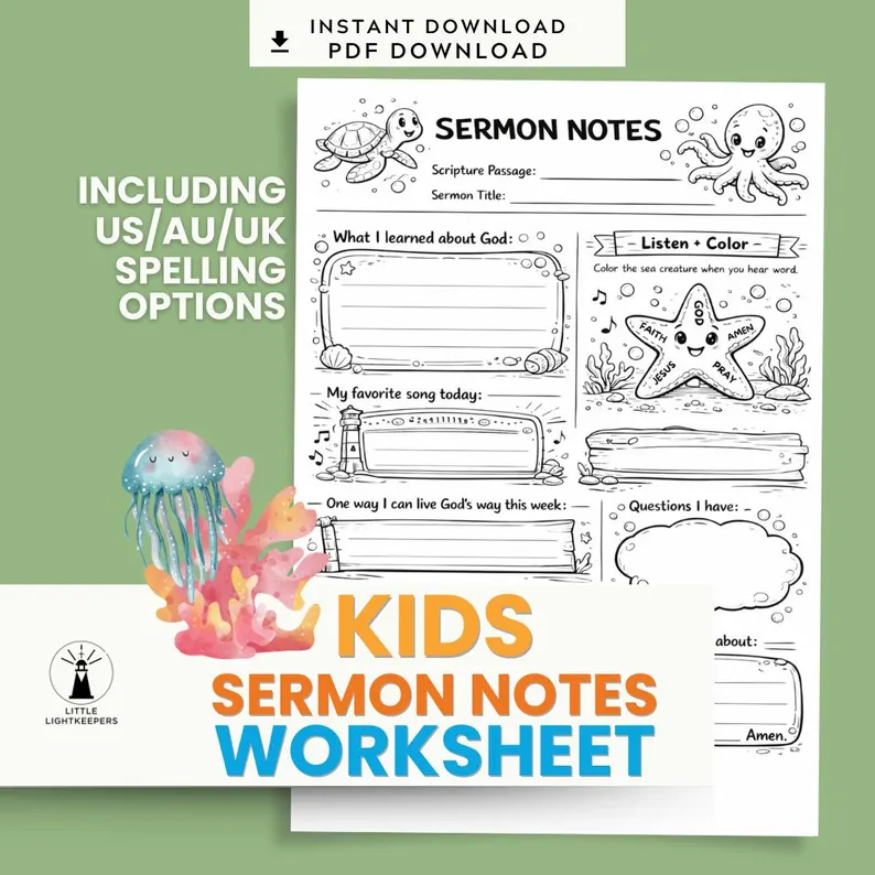 Kids sermon notes worksheet — Under the Sea edition