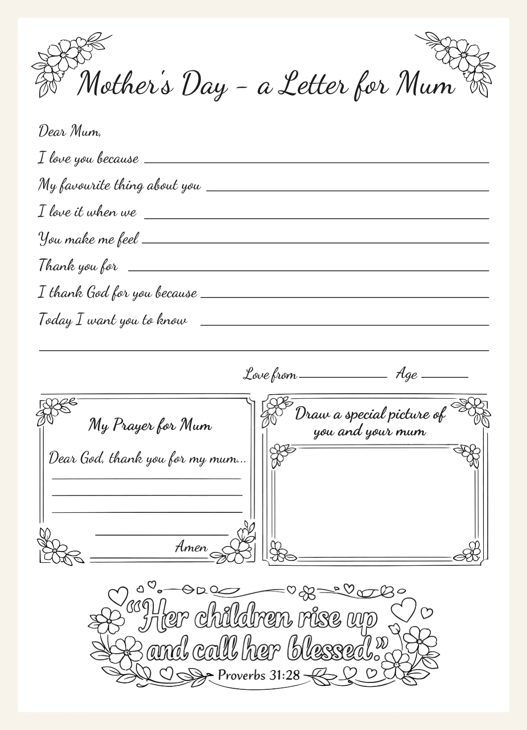 Christian Mother's Day Letter Printable for Kids | Proverbs 31:28 (Digital Download) — Preview page 1