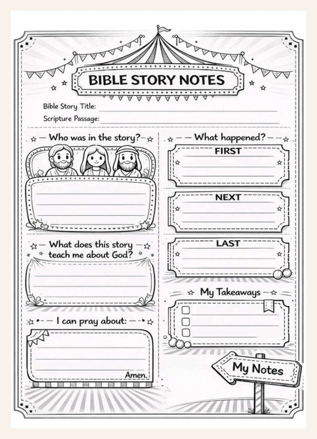Kids Bible Story Notes Worksheet | Circus Themed Sermon Activity (Digital Download) — Preview page 1