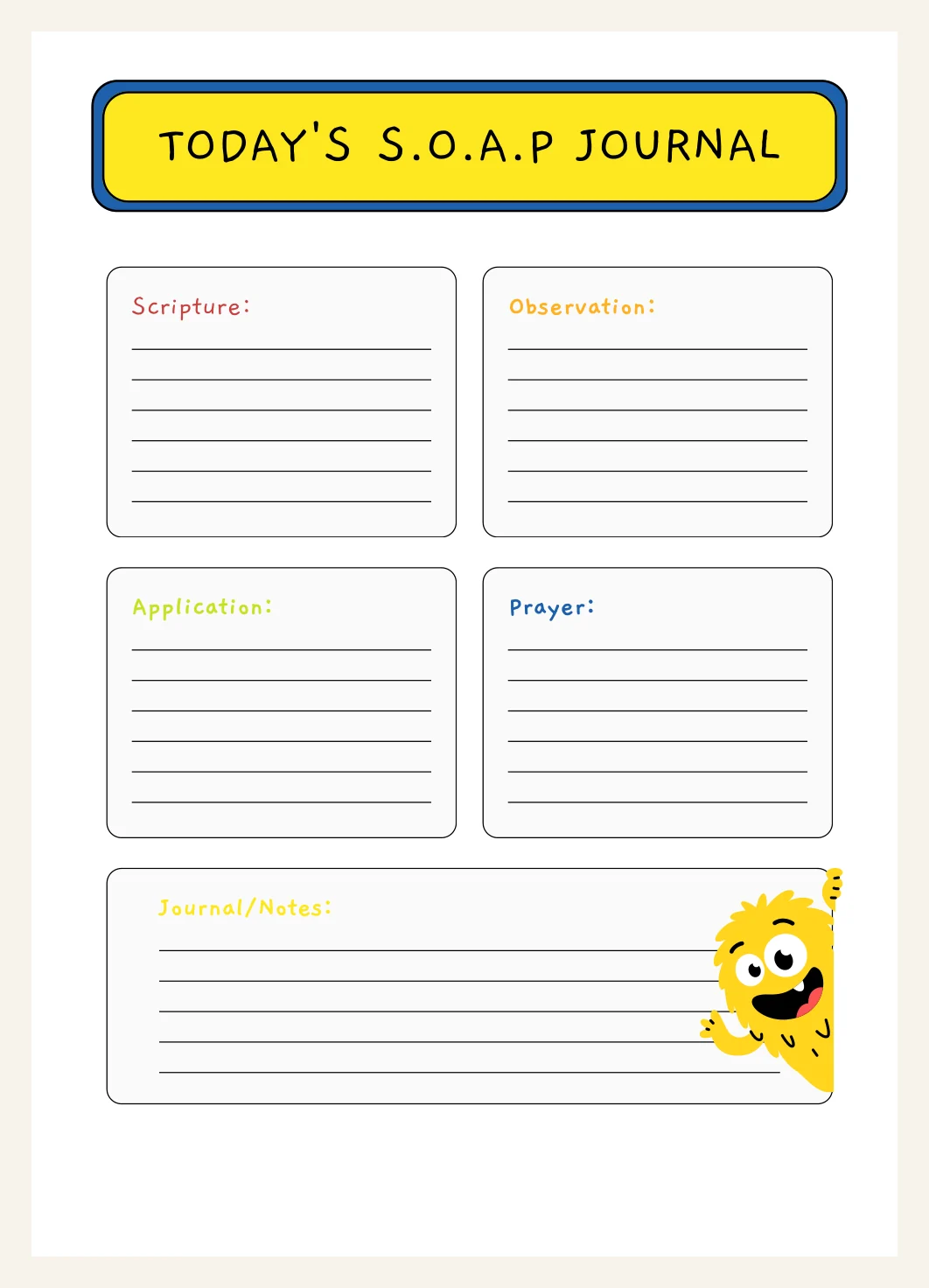Kids Journaling Bible Study | SOAP Worksheet Template  | Sermon Notes | Church Note Taking (Monster Theme) PDF — Preview page 2