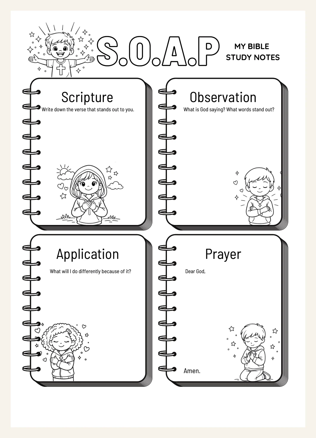Kids Bible Study Worksheet | SOAP Method Printable (Digital Download) — Preview page 1