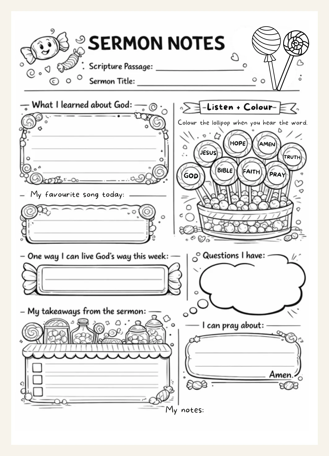 Kids Church Notes Worksheet | Bible Study Notes Template | Printable Sermon Activity for Children — Preview page 1