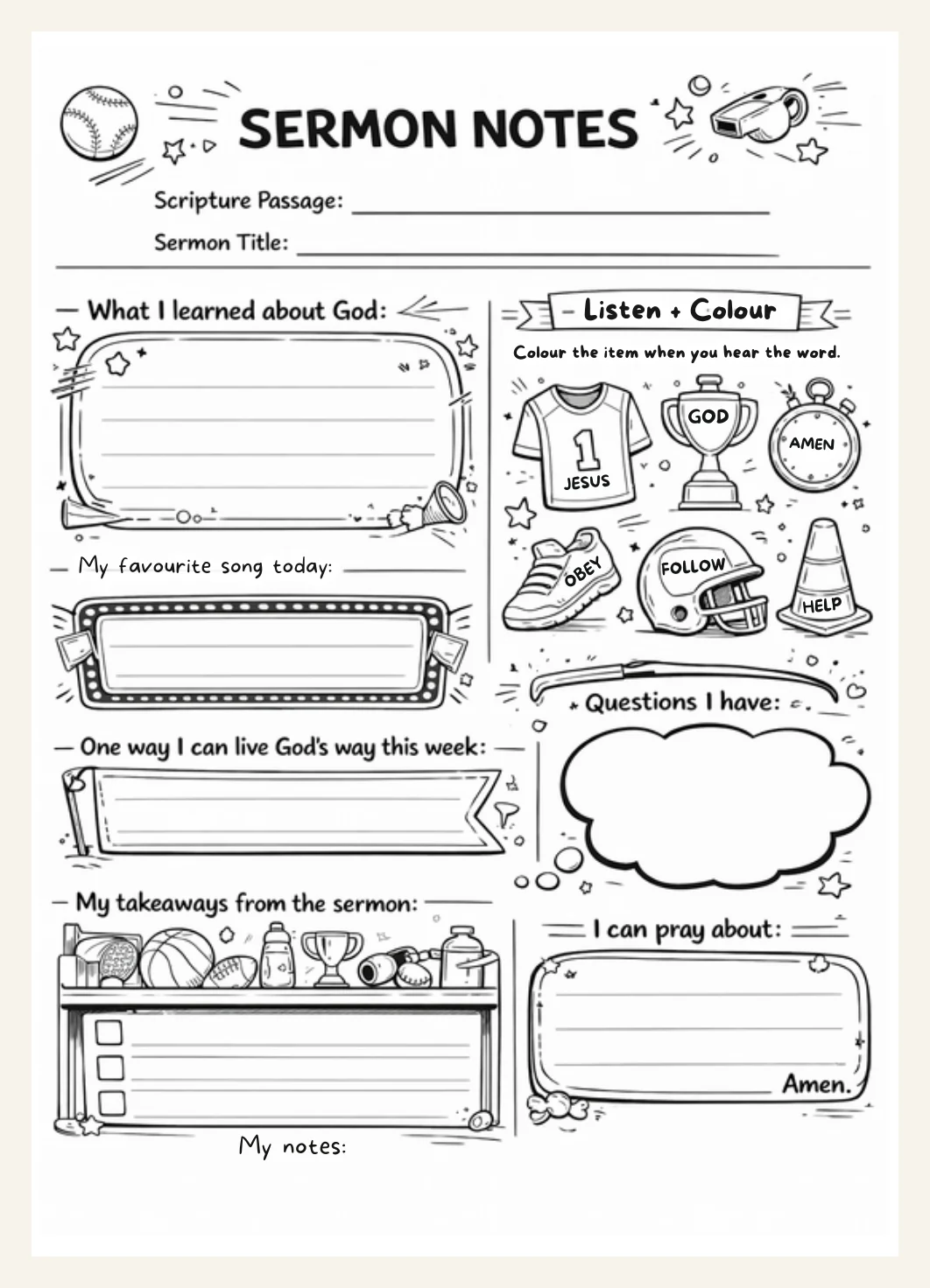 Kids Sermon Notes Worksheet | Sports Theme Bible Activity (PDF Download) — Preview page 1